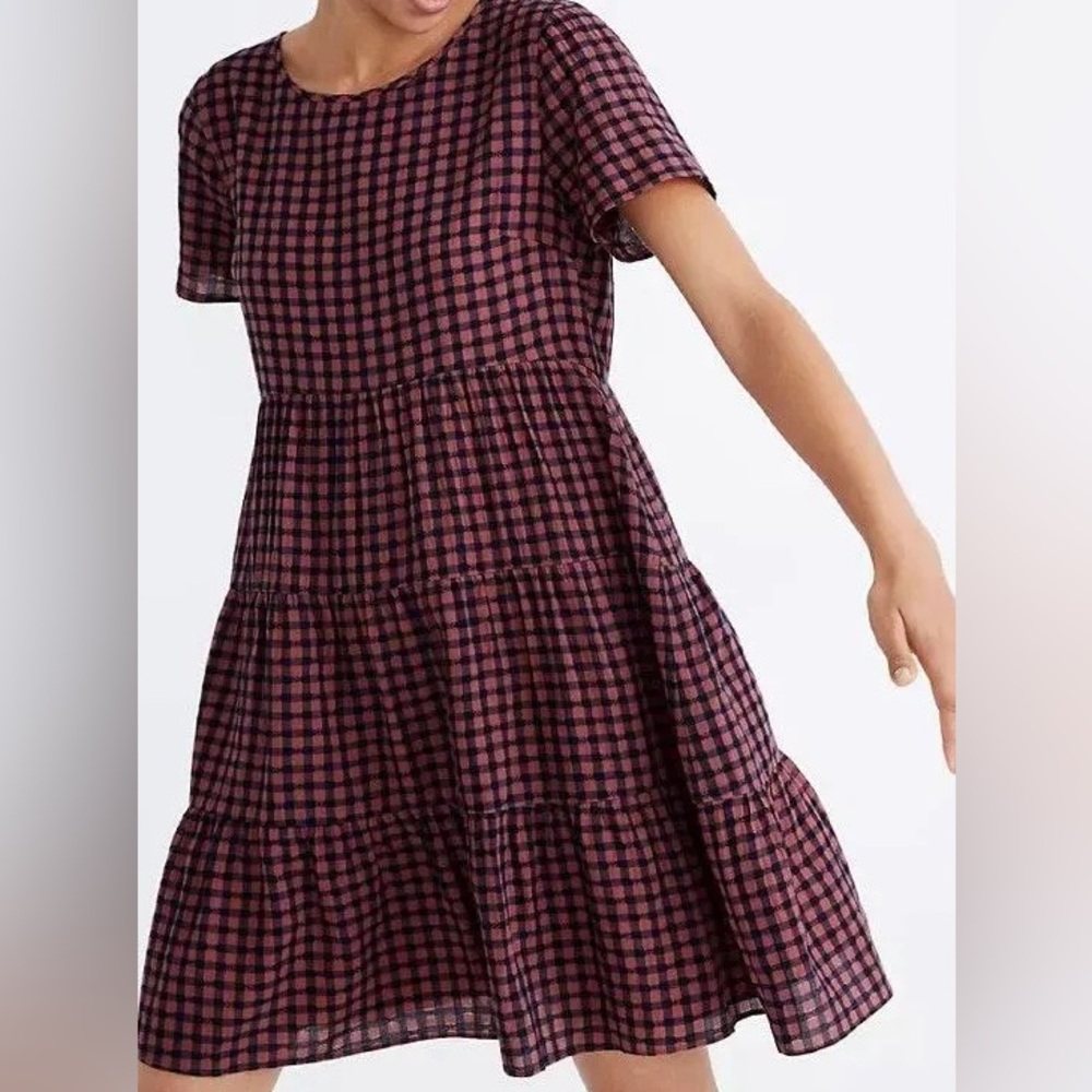 Short-Sleeve Tiered Mini Dress in Pink Gingham Check | Large